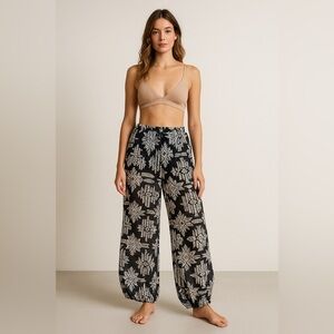 MOA Aztec Tribal Print Wide Leg Sheer Pants Women’s M Boho Hippie Beach Coastal